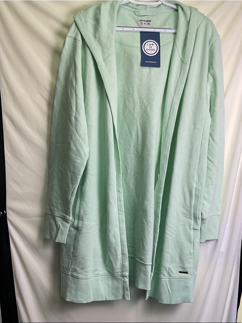 Life Is Good Women's Light Mint Green Trench Terry Hooded Open Cardigan